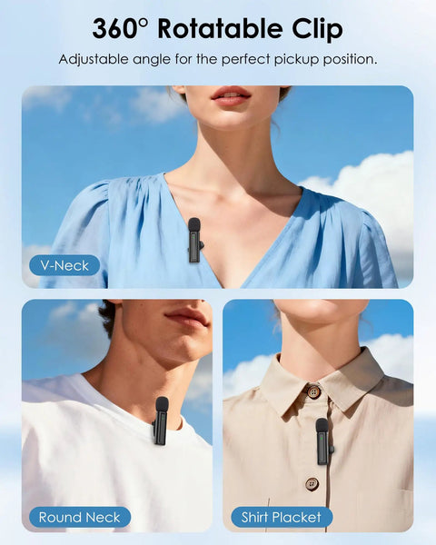 Wireless Mini Lavalier Microphone For iPhone Android Camera And PC in 360 degree rotatable clip on different clothing necklines.