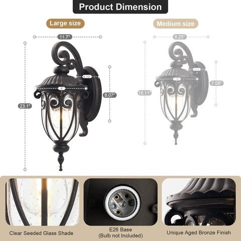 Product dimensions and details of the Big Ol 23 Inch Outdoor Porch Light with Antique Bronze Finish, clear seeded glass shade.