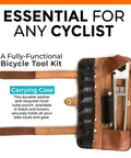 Open compact brown case with On The Go MTB Repair Multitool For Mountain Road And Dirt Bikes, displaying tools and spanner.