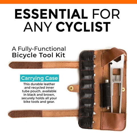 Open compact brown case with On The Go MTB Repair Multitool For Mountain Road And Dirt Bikes, displaying tools and spanner.