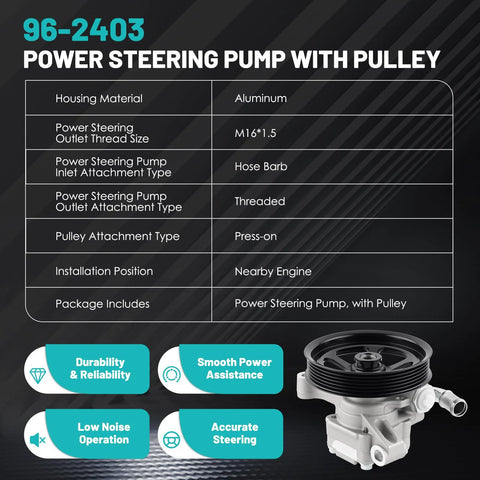 Beefed Up Replacement Power Steering Pump With Pulley For Buick Enclave Chevy Traverse GMC Acadia Saturn Outlook 2007 Through 2017 3.6L V6 Fits 20954812 96 2403, aluminum pump displayed with pulley attached, nearby engine installation