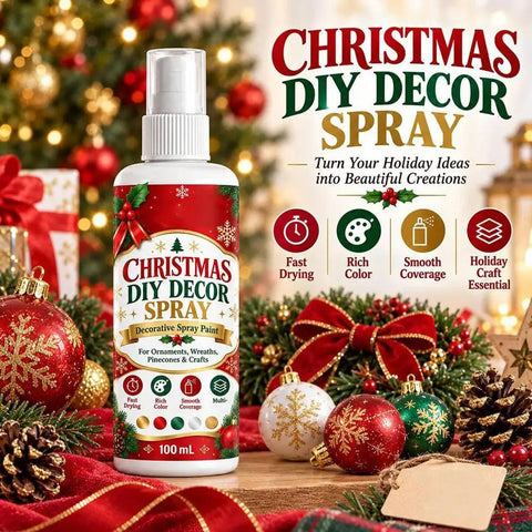 Christmas DIY Decor Spray Paint bottle in front of decorated ornaments, perfect for crafting holiday decorations.