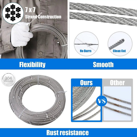 Heavy Duty Stainless Steel Aircraft Cable Wire Rope One Eighth Inch For Outdoor Lights And Sun Shade Tent Installations