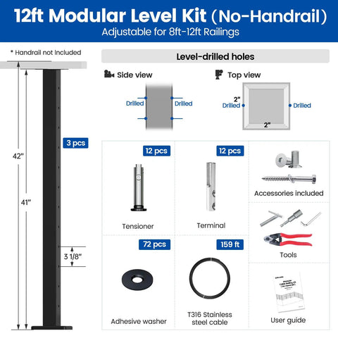 12ft Modular Level Kit for Deck Surface Mount 42 Inch Height with tools, tensioners, and hardware for DIY installation.