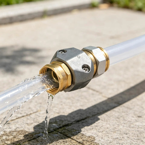 Heavy Duty Garden Hose Repair Kit With 5/8 and 3/4 Inch Brass Connectors Swivel Attachment Stainless Steel Clamp To Fix Leaks Fast And Get Your Outdoor Watering Setup Back On Track For A Cool Summer, brass hose splice with water flowing
