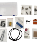 EQCOTWEA Mini Wood Lathe Benchtop Turning Machine accessory kit with various tools and parts in bags for DIY hobby crafting projects.