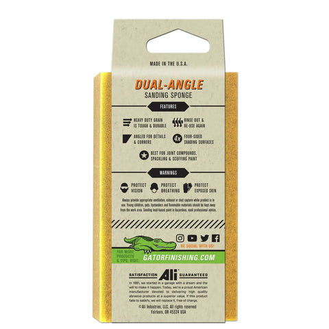 Back packaging of Very Fine 220 Grit Dual Angle Sanding Sponge 3 By 5 By 1 Inches For Wood Metal Fiberglass And Painted Surfaces Wet Or Dry Use Flexible For Contours And Corners Easy Grip Handheld Sanding Tool with product details and warnings.