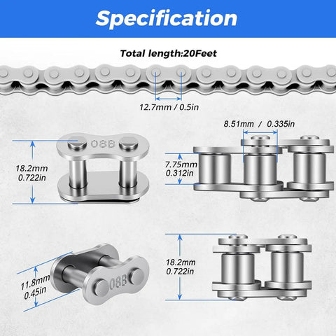 Detailed diagram of 428 Roller Chain Kit, 20 Feet, 478 Links, 08B Simplex Chain for chain-driven sliding gates and garage openers, dimensions shown.