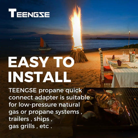 Beachside BBQ setup using Three Eighths Inch Natural Gas Quick Connect Fittings Kit For Propane Grills And Patio Heaters, LP Gas Hose Quick Disconnect Set With Brass Tube Fittings, Quick Connector Adapter For Outdoor BBQ Grills.