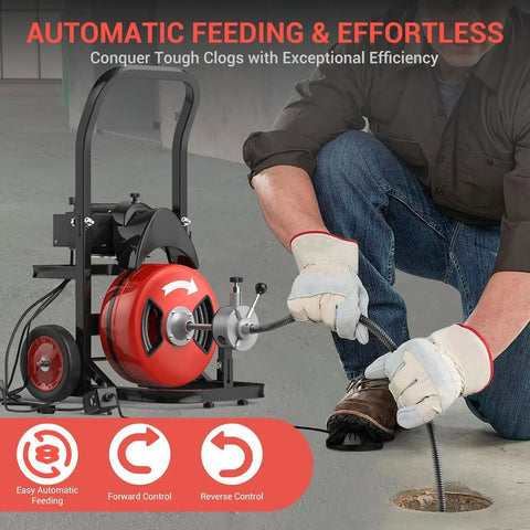 Man using Heavy Duty Electric Drain Auger Sewer Snake Powering Through Blockages Effortlessly With No Sweat Auto Feed.