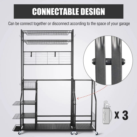 Connectable design Garage Ready Golf Bag Storage Rack That Holds 3 Bags Up High With An Upper Shelf And 4 Removable Hooks