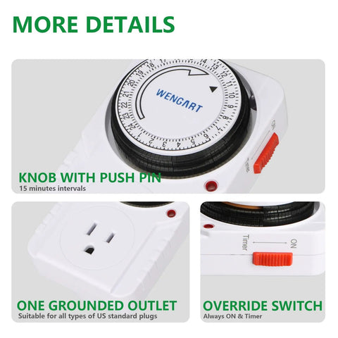 Straightforward Setup 24 Hour Mechanical Plug In Timer With Multiple On Off Cycles showing knob, grounded outlet, and override switch.