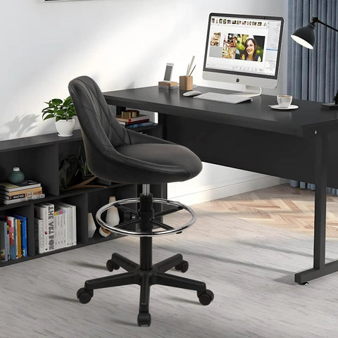 Drafting Chair With Backrest And Wheels For Office And Workshop Use Boss Level Comfort Adjustable Height Footrest PU Leather Tall Swivel Stool in home office, black