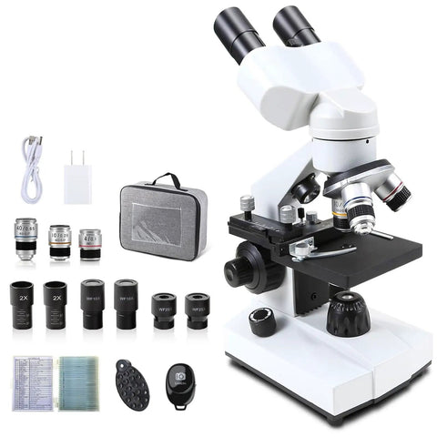 Kid Friendly Classroom Ready Compound Binocular Microscope 40X To 2000X With 30 Prepared Slides and Accessories Displayed, CX1012