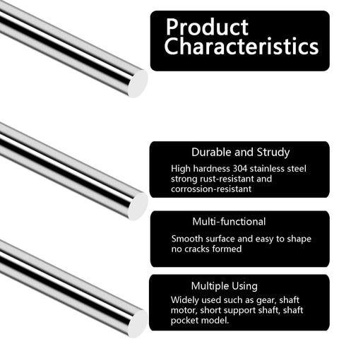 Image showing 10Pcs 6.35mm x 406mm Stainless Steel Round Rods 304 Stainless Steel 16 Inch Long 0.25 Inch Diameter For DIY Craft CNC Projects Great For Makers And Hobbyists with product characteristics listed.