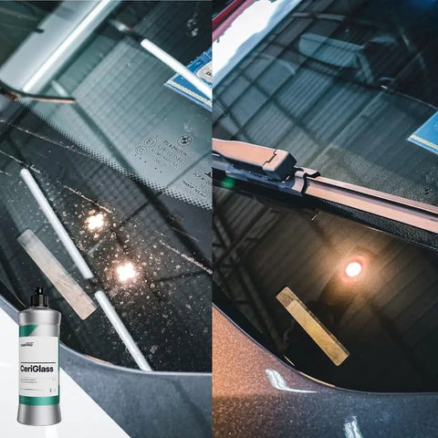 CeriGlass Glass Polish And Cleaner Compound For Auto Glass Restoration 500ml 17oz bottle on windshield before and after cleaning