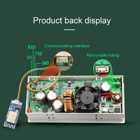 Back view of XY6008 CNC DC Regulated Power Supply showing connections and components, with detailed labels.