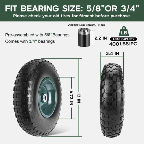Two Pack 13 Inch 4.00-6 Airless Rubber Wheel Set With 5/8 Inch And 3/4 Inch Bearings Flat Free Replacement Tires