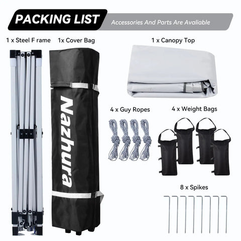Components of 10 by 10 Foot Pop Up Canopy Tent With Sand Weight Bag Freestanding Sun Shelter