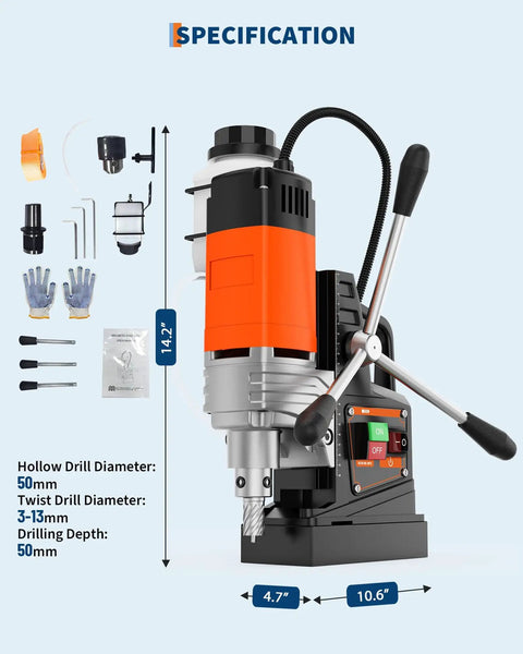 Heavy Duty Magnetic Drill Press Workhorse With 1650W Pure Copper Motor And Bulletproof 2922 Lbf Magnetic Base Offering Smooth 810 Rpm Portable Metal Drilling For Hardened Steel Projects specifications and drill diameter details.