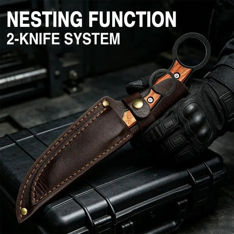 Two Knife Nesting Hunting Knife Set Grab And Go Ready For Hunt And Bushcraft with leather sheath shown in gloved hand