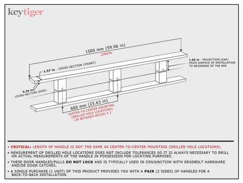 Diagram of 60 Inch Long Modern Matte Black Stainless Steel Door Handles And Front Door Pulls dimensions and mounting specs.