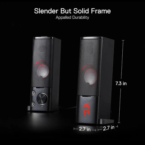 GS550 2.0 Channel Desktop PC Gaming Speakers Bar with USB power, 3.5mm cable, headphone jack, red backlit, size 7.3x2.7 inches