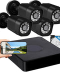 Four Channel 1080P Wired Home Security Camera System With 512GB HDD, showing four IP68 waterproof cameras and 512GB HDD