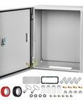 Heavy Duty Carbon Steel Electrical Junction Box 16 By 12 By 8 Inch open view with accessories for secure installation.