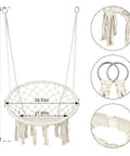 Bohemian Macrame Hammock Chair Swing With Hardware Kits For Indoor And Outdoor Use Ideal For Balcony Porch Yard Or Bedroom Cozy Supportive Knitted Seat With 265 Pound Capacity And Easy Hanging, showing size dimensions and materials.