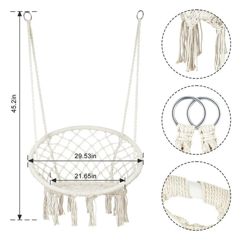 Bohemian Macrame Hammock Chair Swing With Hardware Kits For Indoor And Outdoor Use Ideal For Balcony Porch Yard Or Bedroom Cozy Supportive Knitted Seat With 265 Pound Capacity And Easy Hanging, showing size dimensions and materials.