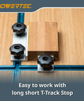 Double Cut Profile T Track And Knob Kit For Woodworking Jigs installed, showing knobs securing a wooden block on a T-track