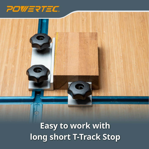 Double Cut Profile T Track And Knob Kit For Woodworking Jigs installed, showing knobs securing a wooden block on a T-track