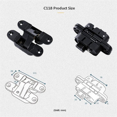 Hidden Multi Size Door Hinges With Screws For Furniture Hardware Invisible Folding Hinge Built To Last Heavy Duty Soft Close With Silent Hydraulic Buffer For Wood And Aluminum Doors, two angles and measurements shown.