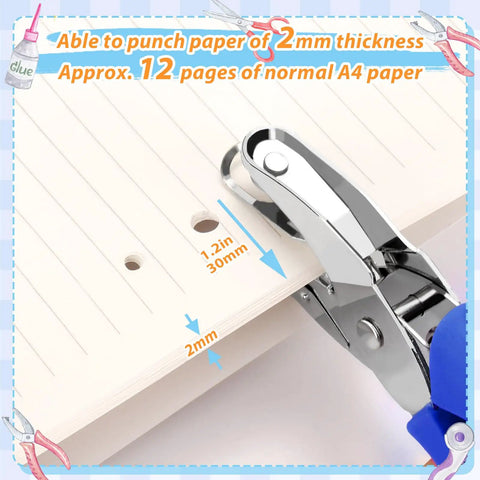 Two Pack Round Hole Punch Set For Scrapbooking And Card Making showing blue puncher making precise 1/4 inch hole in paper
