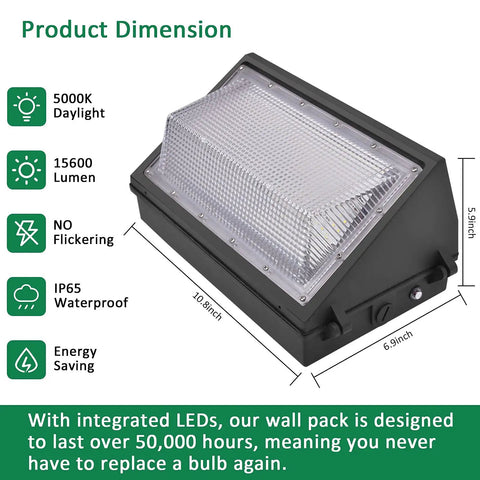 Beefy 120W LED Wall Pack Flood Light With Dusk To Dawn Photocell, 15600 Lumens, 5000K Daylight, dimensions diagram