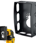 Black stainless-steel drywall outlet cutter, square-slot for oscillating tools; shown with a yellow cordless drill.