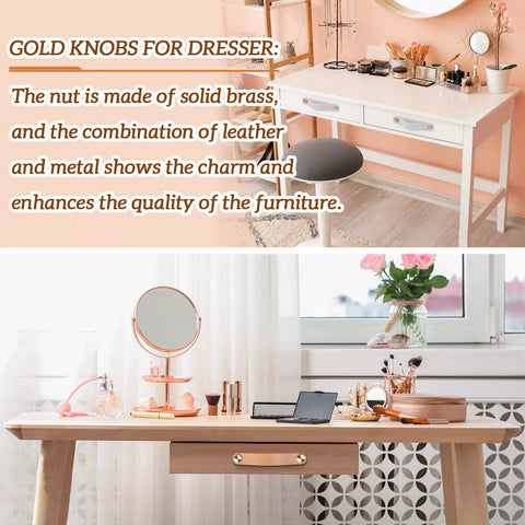 Dresser with gold knobs, featuring solid brass and a blend of leather and metal details, enhancing furniture quality and charm.