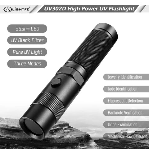 Ultra High Power 365nm UV Flashlight With LG LED Source And Black Filter Lens 3000mW Max Output shown on rocky surface