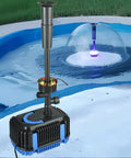Pond Filter With Pump And Fountain Kit With RGB Light For Outdoor Ponds No Fuss Setup Submersible Pump shown in garden pond