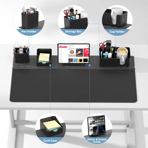 5 In 1 Desk Pad Organizer Set With Large Mouse Pad, Phone Stand, Cup Holder, Pen Holder, Storage Box And Card Case displayed on table
