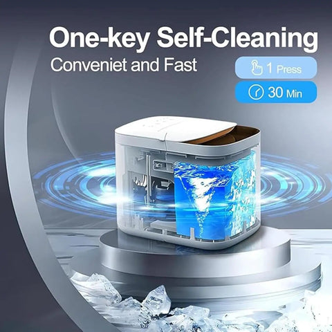 Self Cleaning Portable Countertop Ice Maker Spits Out Nine Bullet Cubes In Six Minutes With Smart Touch Panel And Two Liter Tank close-up of self-cleaning feature with water swirling inside.