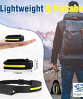 Rechargeable Double Headlamps With Sensor, displayed next to man with backpack, lightweight and portable design.