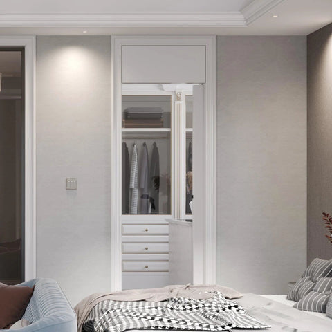Bedroom with installed 5 Foot Commercial Grade Sliding Pocket Door Hardware Track Kit Top Mount Heavy Duty Aluminum System, door open.