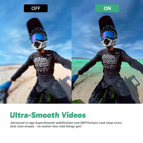 Comparison of SuperSmooth stabilization and Horizon Lock on Weatherproof 5.7K 360 Video Action Camera Creator Bundle.