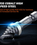 Close-up of M35 Cobalt Spiral Flute Step Drill Bit Set showing laser-engraved size 3/16-5/8 inch, made of high-speed steel.