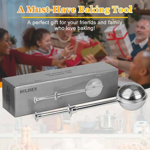 Flour Duster For Baking One Handed Operation Stainless Steel Powdered Sugar Shaker beside gift box, family in background