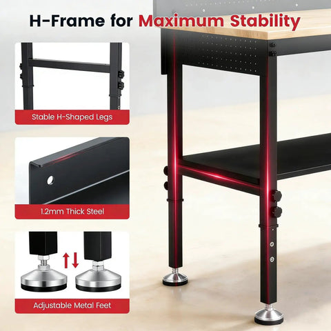 H-frame construction of Flat Out Heavy Duty 60 Inch Workbench And Adjustable Height Stand with adjustable metal feet for stability.