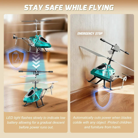 Heavy Duty RC Helicopter For Kids With LED Lights, floating indoors, showcasing emergency stop feature against wall.