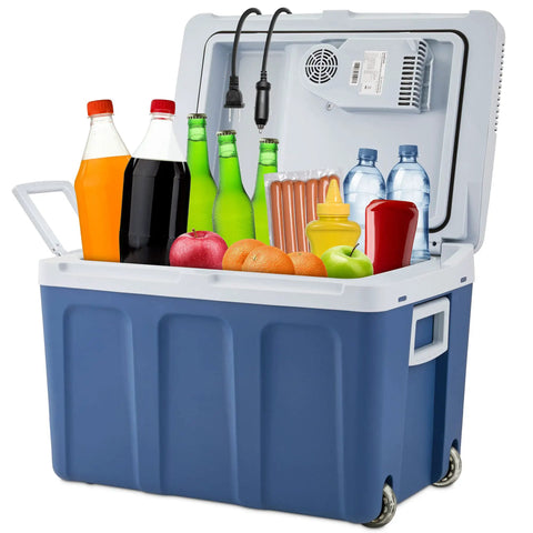 Top Notch 48 Quart Electric Cooler And Warmer With Wheels Grab And Go Thermoelectric Portable Fridge filled with drinks and snacks.